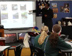 Brother Getachew Nadew talks with O'Hara students