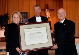 (L-R) Dr. Stephany Schlachter, Bro. Larry Schatz, FSC, Visitor of Midwest District, and Bro. James Gaffney, FSC, President of Lewis University