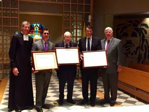 Brother Larry Schatz, FSC, Visitor of the Midwest District, John Bommarito, Gene Eschbacher, Mike Ross and Michael Jordan, President of Christian Brothers College High School