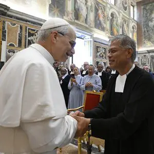 Pope Leo XIV greets Brother Superior Armin Luistro, FSC.