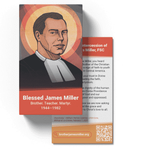 Illustrated pamphlet cover featuring Blessed James Miller with a portrait, orange-red background and the title 'Brother. Teacher. Martyr. 1944–1982.'