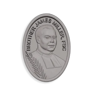 Close-up of a silver coin/medal showing a man's bust with a laurel sprig on the left and curved text along the rim, against a black background (partial view).